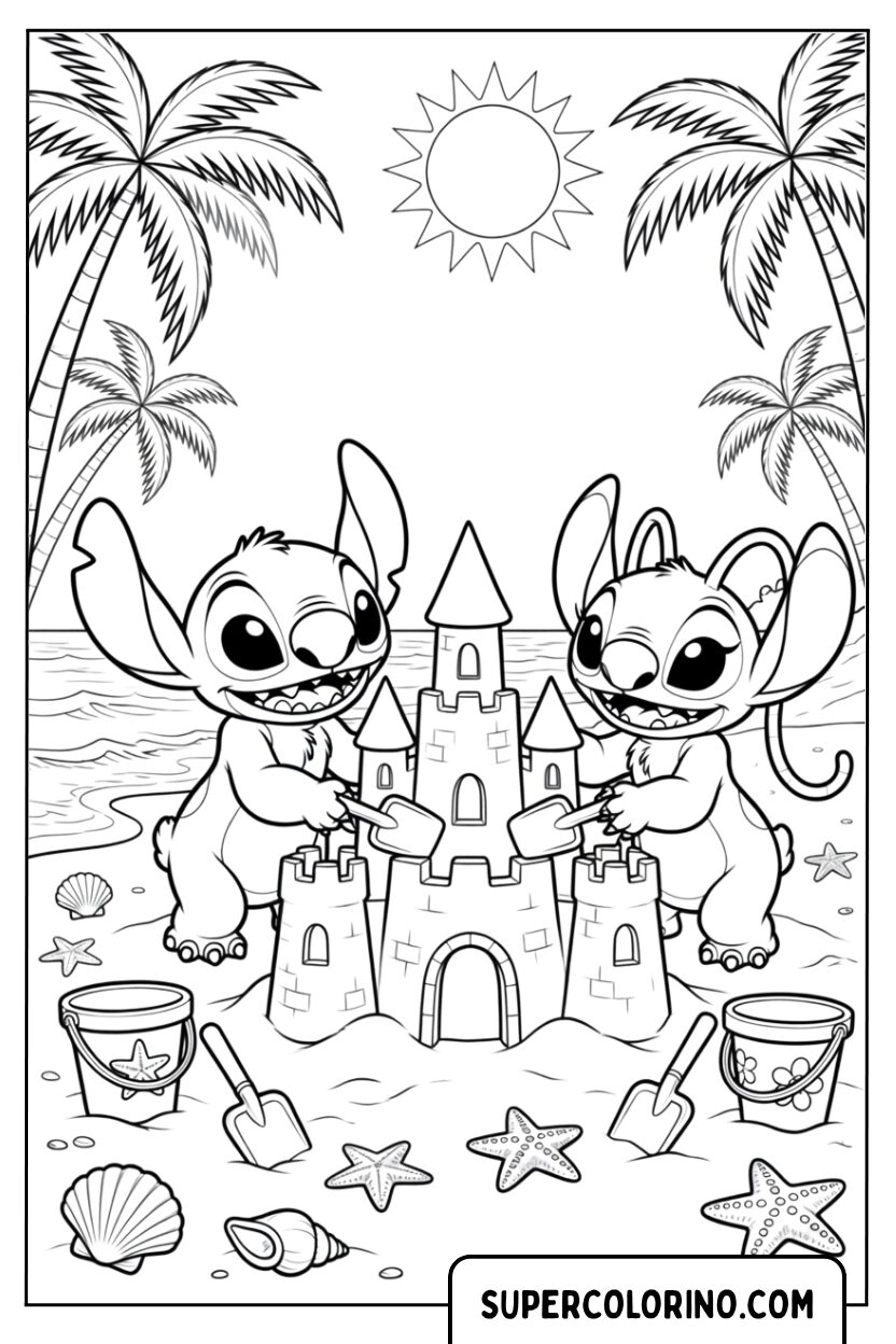 Disegni di Stitch e Angel che costruiscono un castello di sabbia