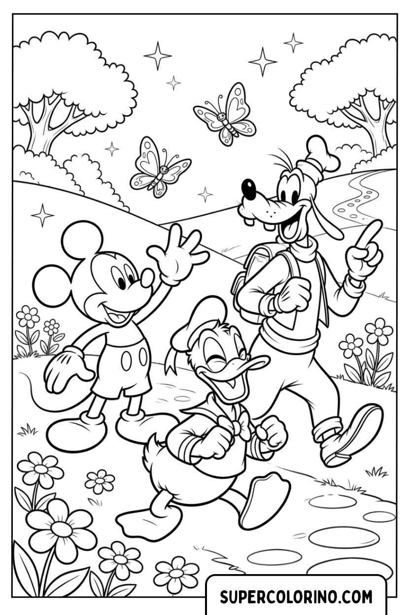 Ausmalbilder von Mickey, Donald und Goofy beim Spaziergang