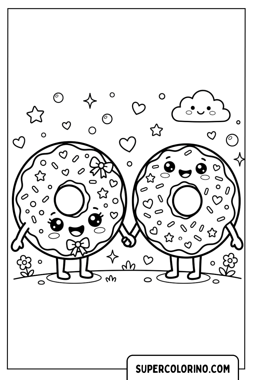 Disegni di due ciambelle kawaii che si tengono per mano