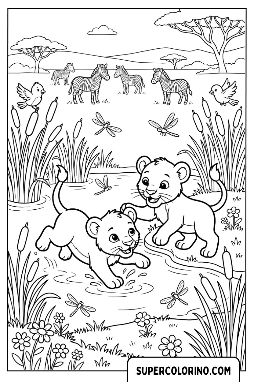 Disegni di due piccoli cuccioli di leone vicino al lago