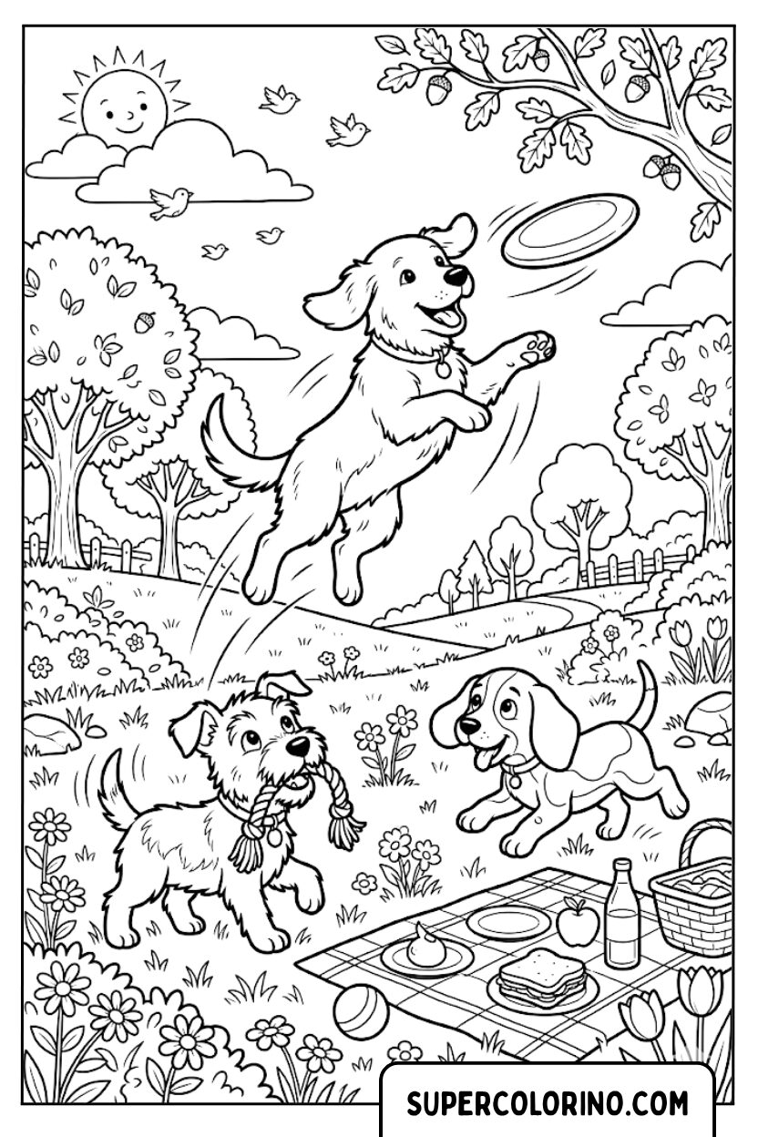 Disegni di simpatici cani che giocano durante un pic nic