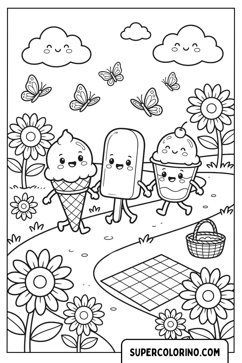Disegni di simpatici personaggi di gelato durante un pic nic