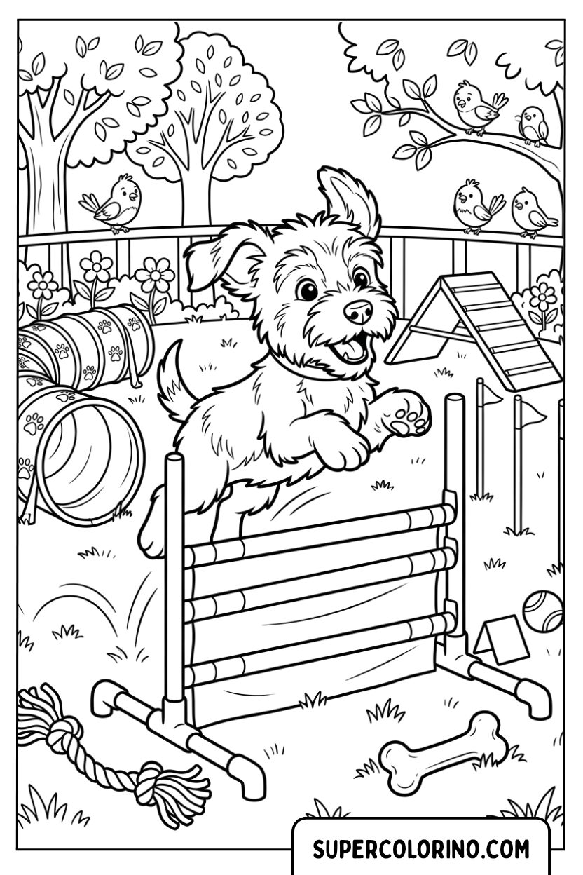 Disegni di un cane dinamico che salta un ostacolo di agility