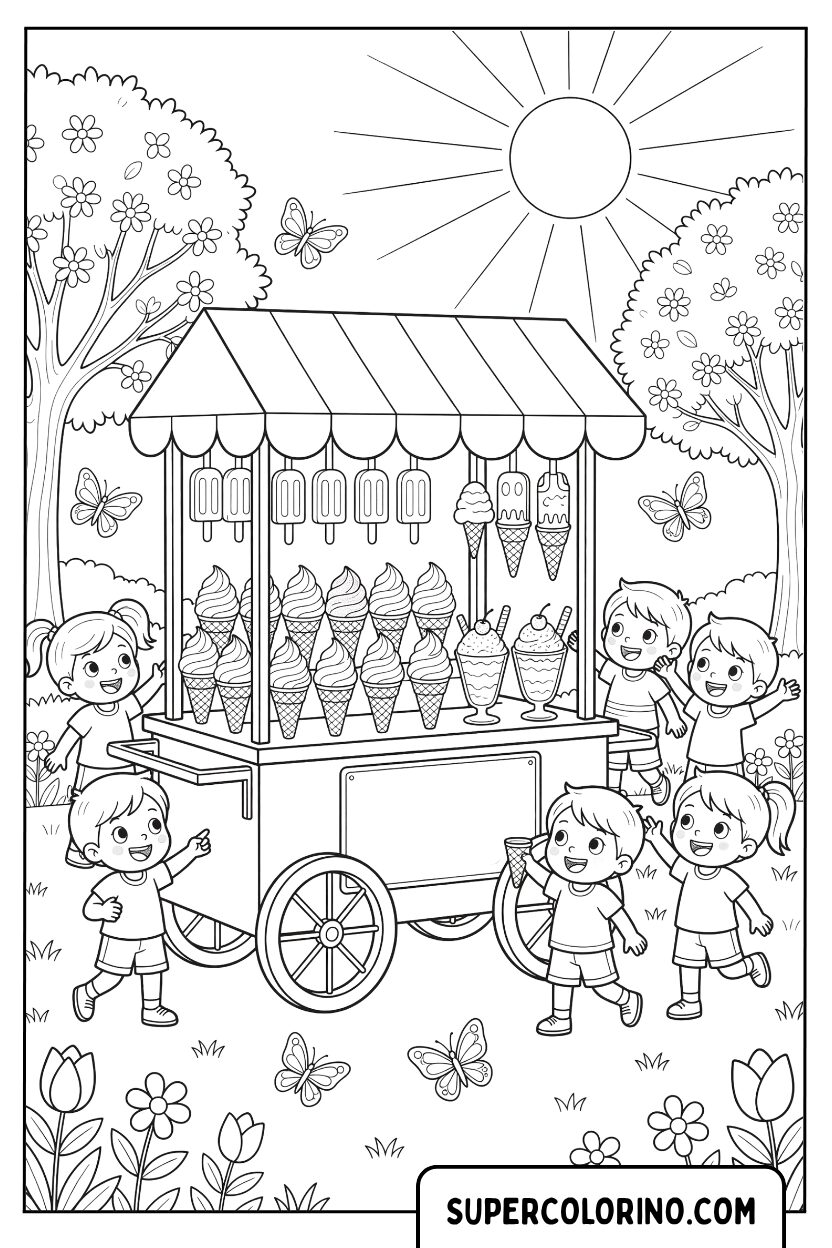 Disegni di un carretto dei gelati con bambini felici