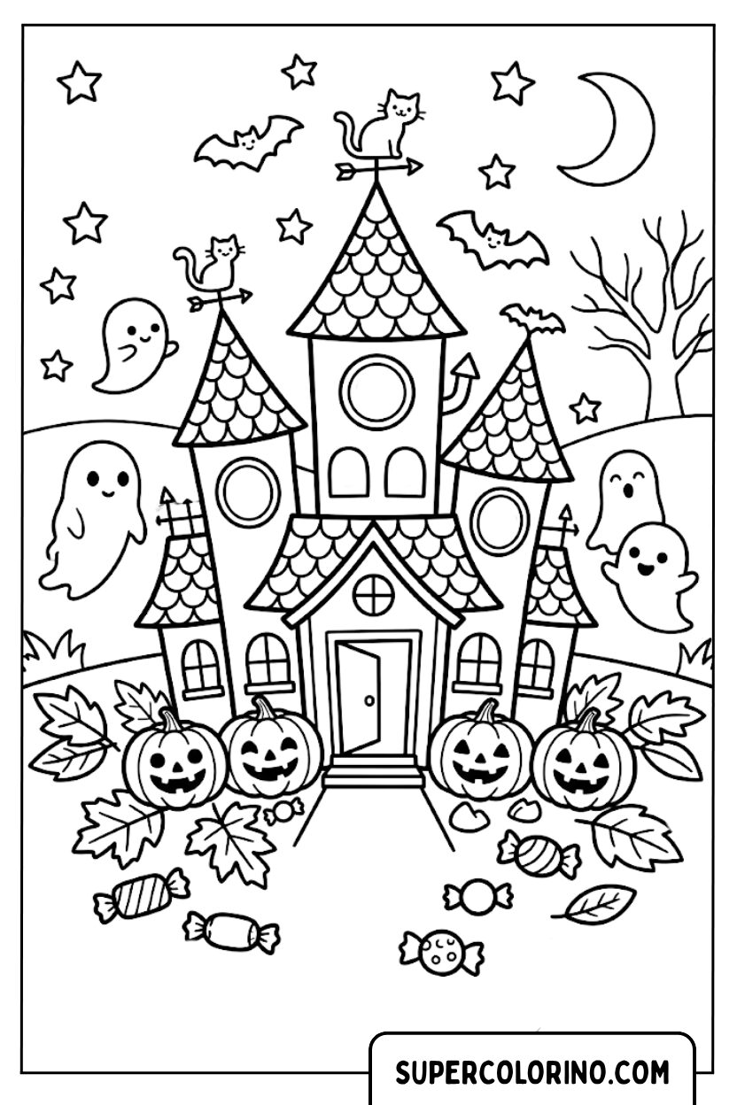 Disegni di un castello stregato con fantasmi e zucche di Halloween