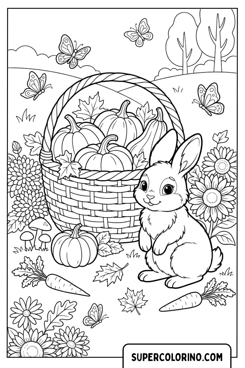 Disegni di un coniglietto con un cesto di zucche