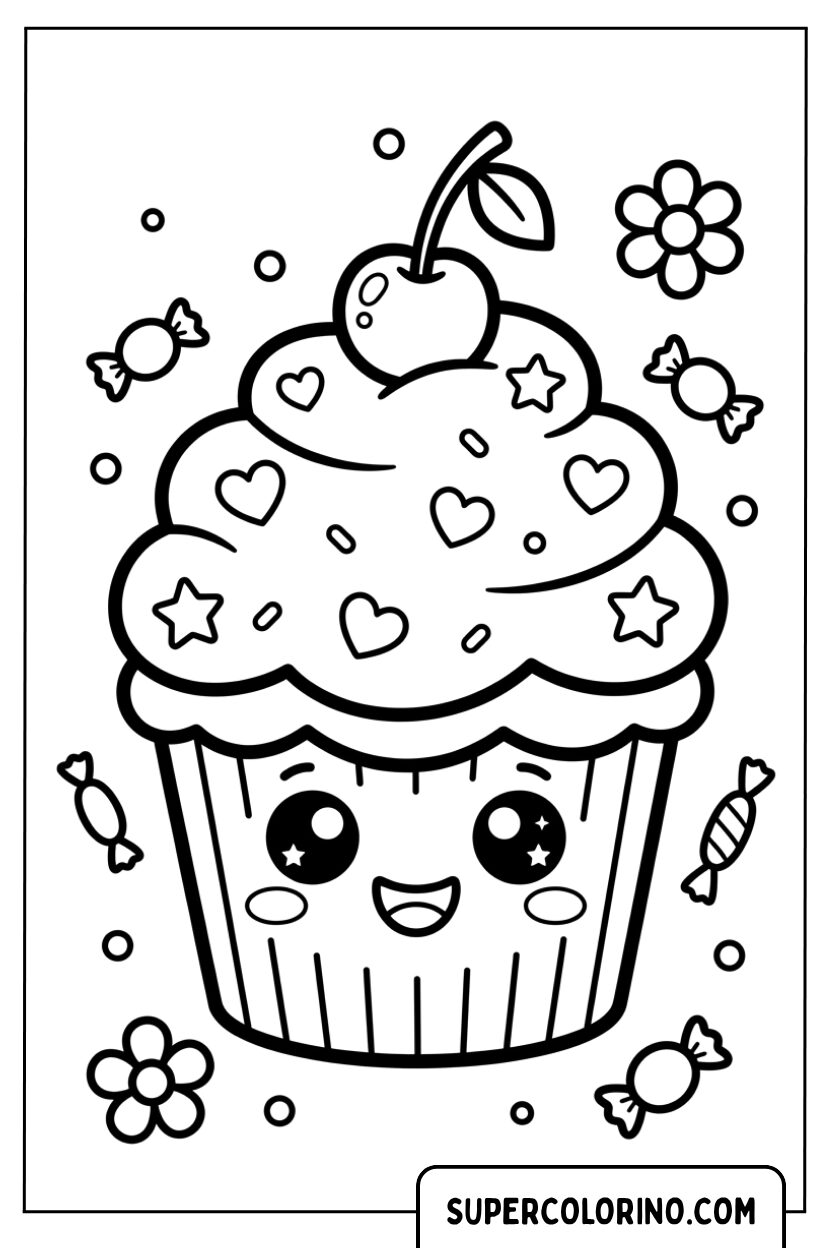 Disegni di un cupcake gigante kawaii con una ciliegia