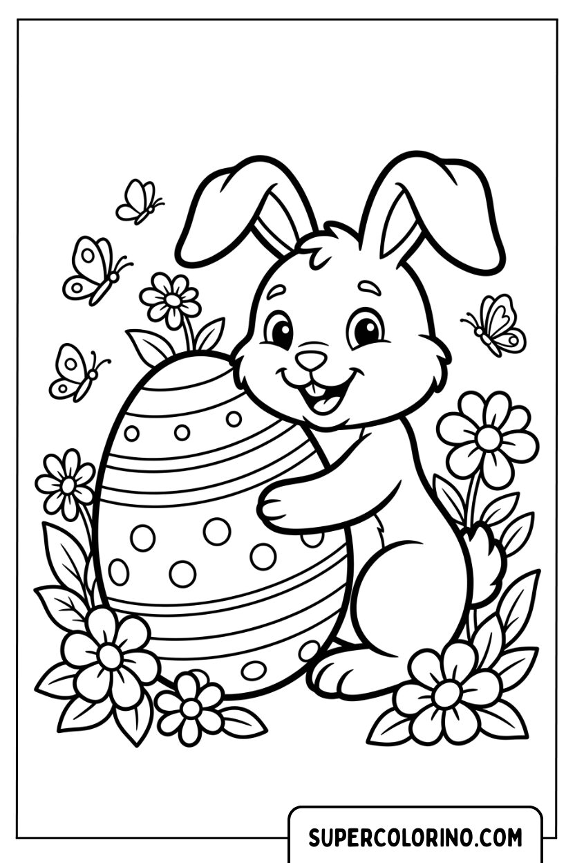 Disegni di un dolce coniglietto pasquale che abbraccia un uovo gigante con motivi a righe e pois