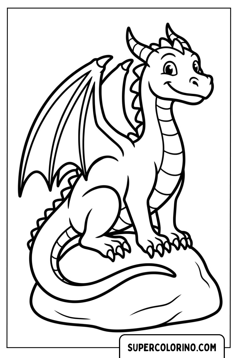 Disegni di un drago felice sopra una roccia rotonda