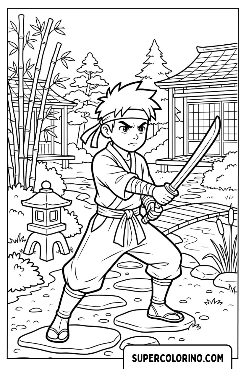 Disegni di un giovane guerriero ninja manga
