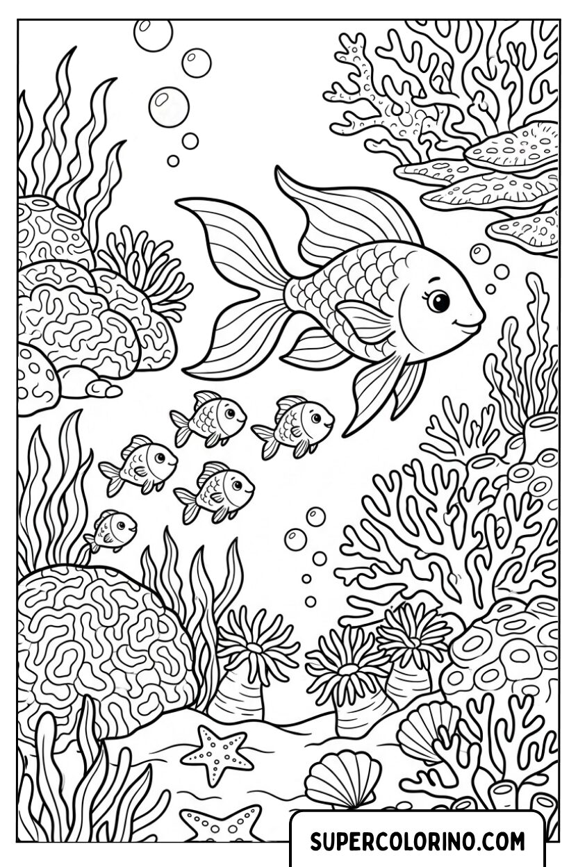 Disegni di un grande pesce con il suo banco in mare
