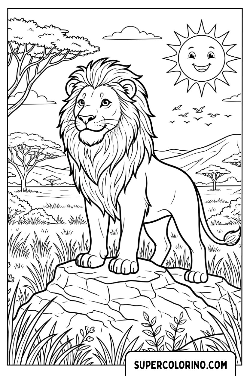 Disegni di un leone fiero sopra una roccia della savana
