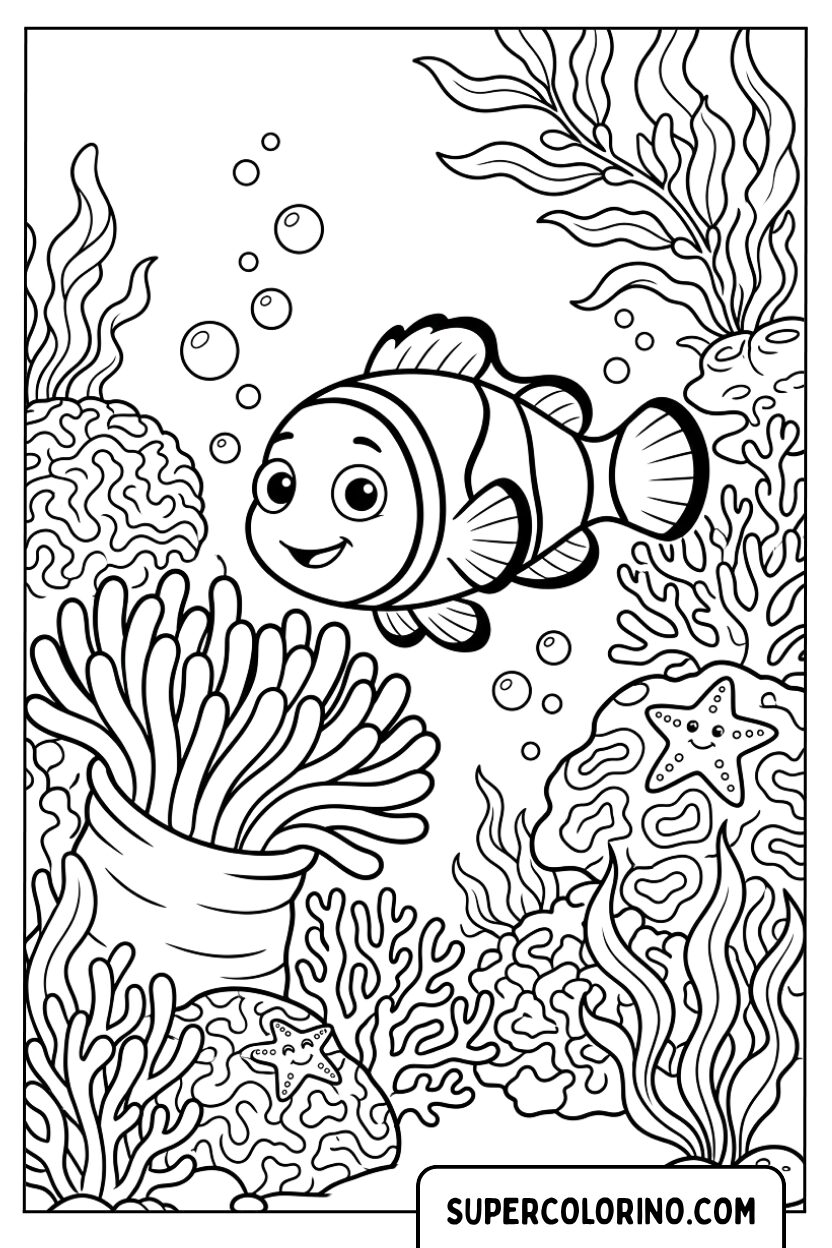 Disegni di un simpatico pesce pagliaccio vicino all anemone