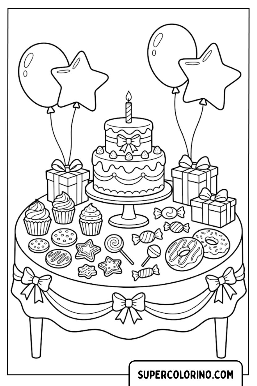 Disegni di un tavolo con torta e dolci di compleanno