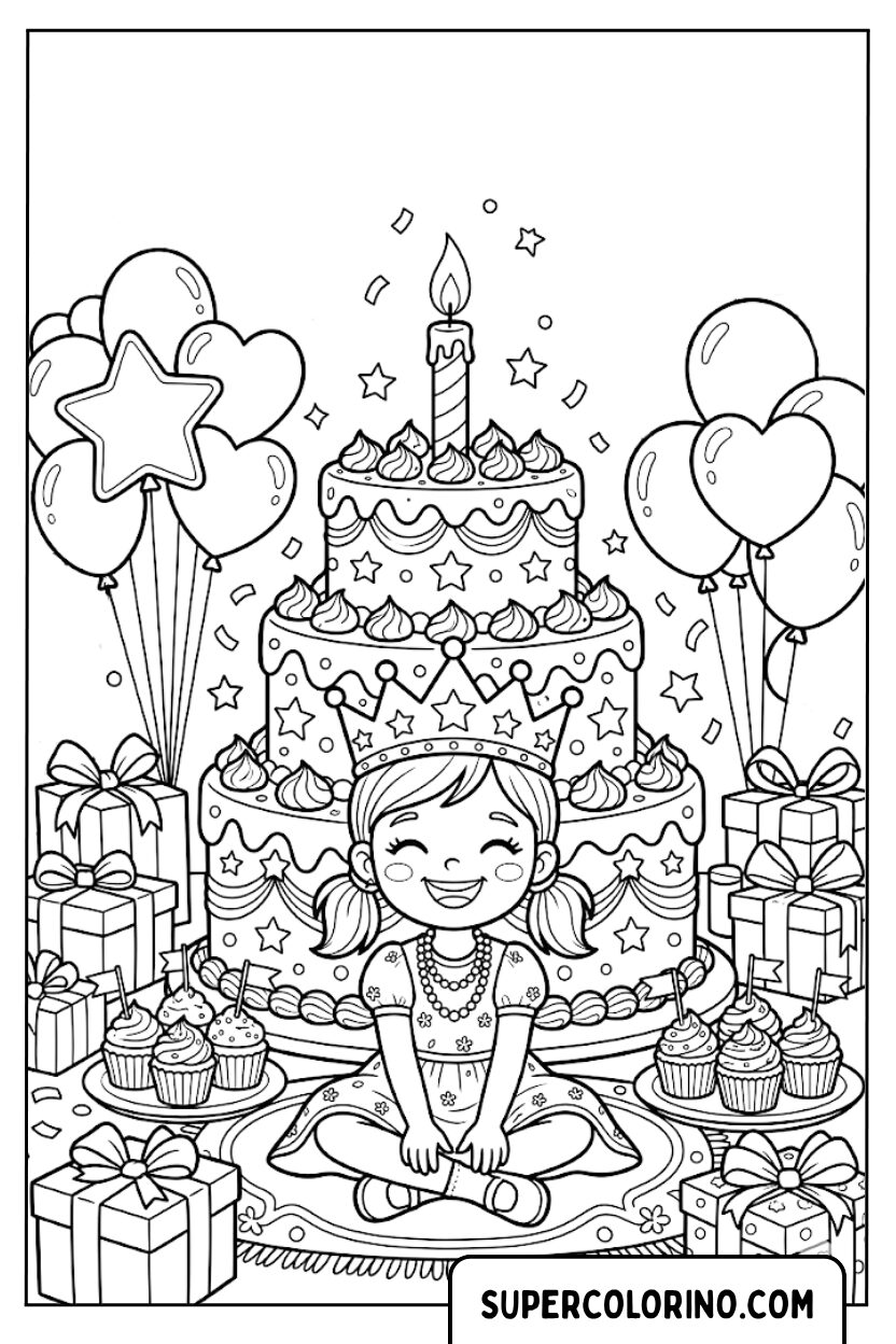 Disegni di una bambina con la torta di compleanno gigante