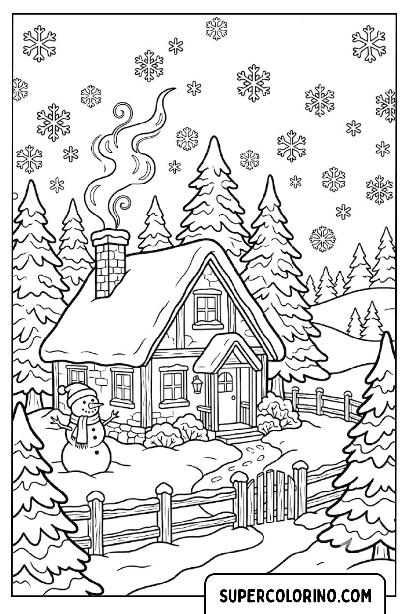 Disegni di una casa accogliente nel bosco innevato
