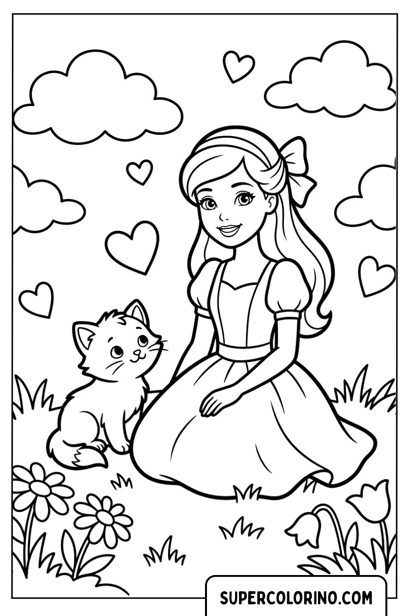 Disegni di una dolce Barbie con il suo gattino