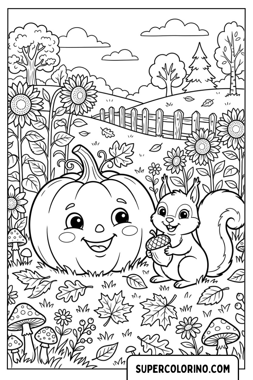 Disegni di una zucca felice con uno scoiattolo