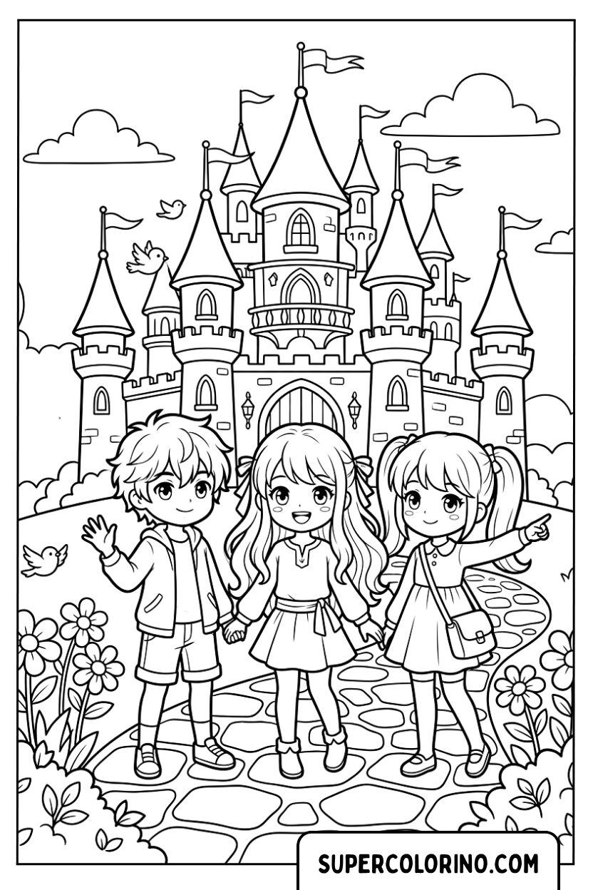 Disegni fantastici di bambini anime davanti a un grande castello da fiaba