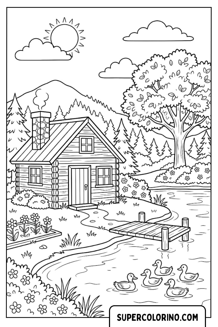 Disegno casa di legno sul fiume da colorare