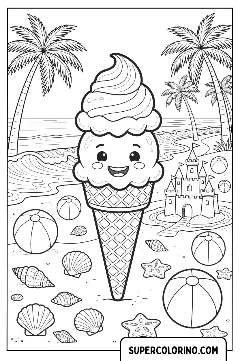 Disegno cono gelato carino sulla spiaggia da colorare