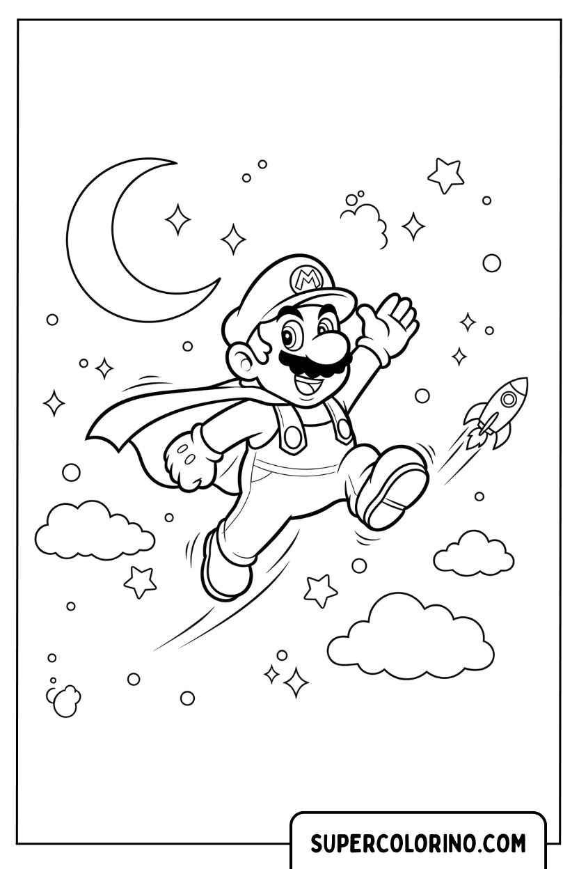 Kleurplaat Mario vliegt door de lucht