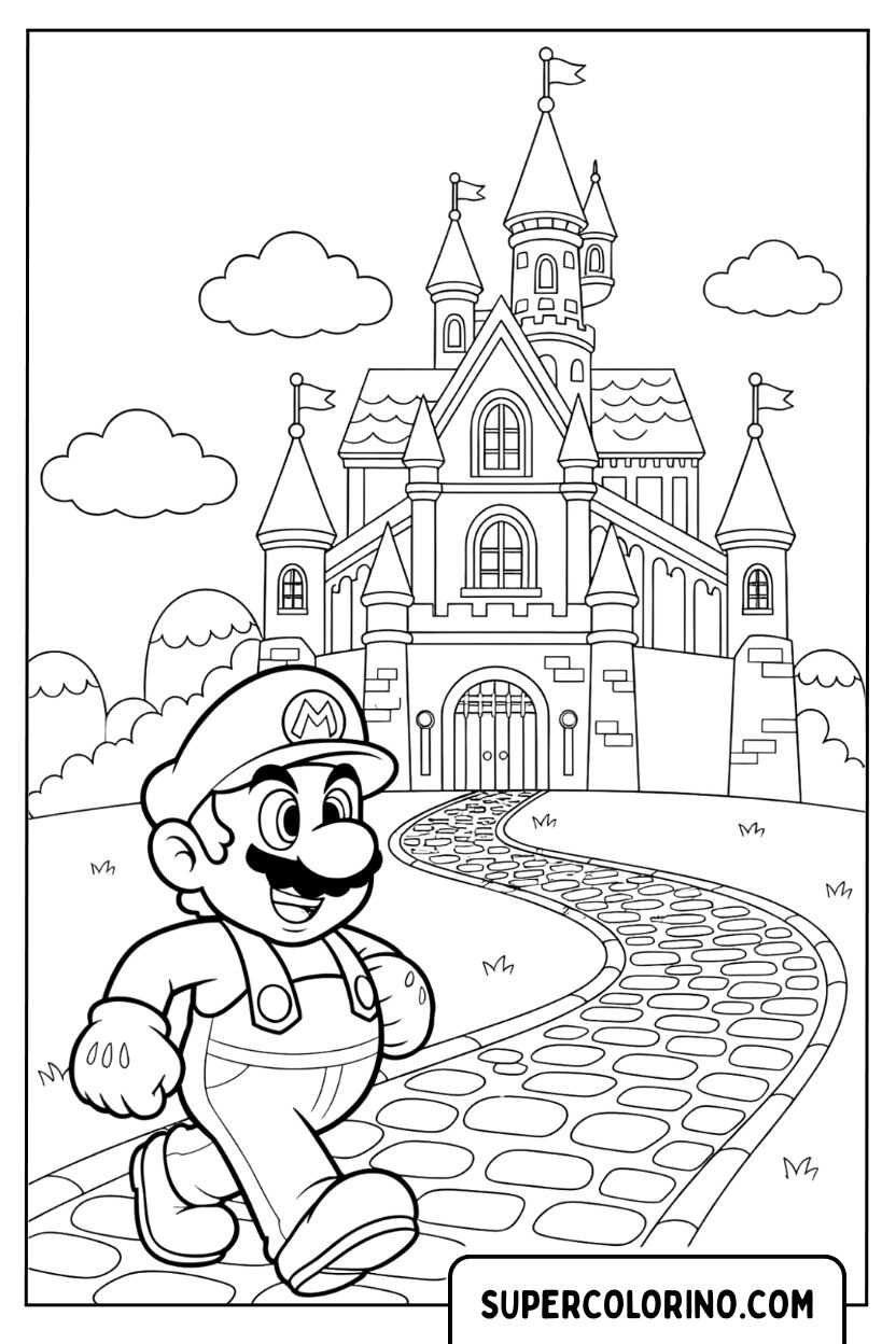 Kleurplaat Mario voor het kasteel van Peach