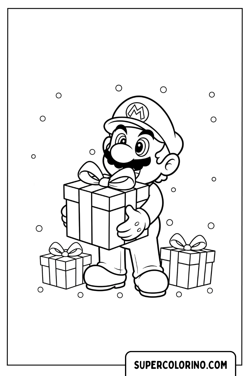Kleurplaat Kerst Mario met cadeautjes