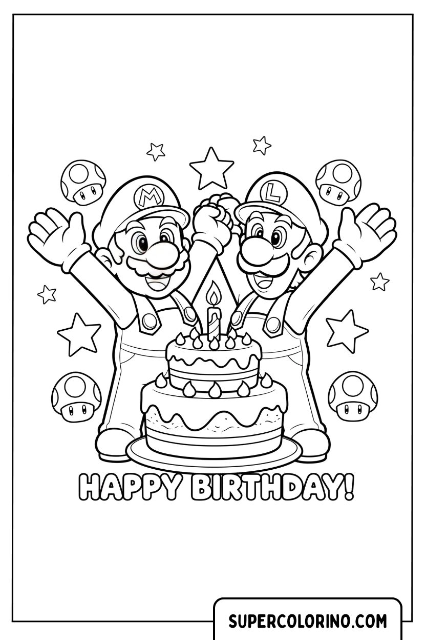 Kleurplaat Mario en Luigi verjaardagsfeestje