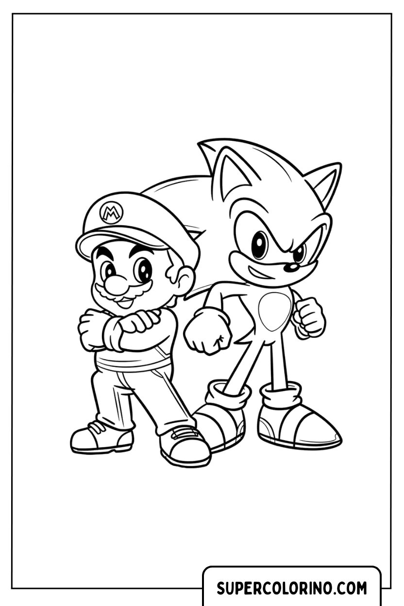 Kleurplaat Mario en Sonic in heroïsche pose