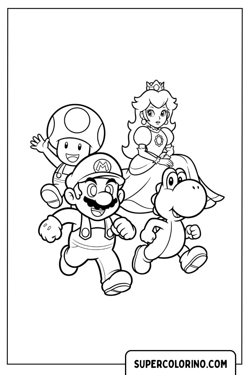 Kleurplaat Mario en zijn vrienden op avontuur