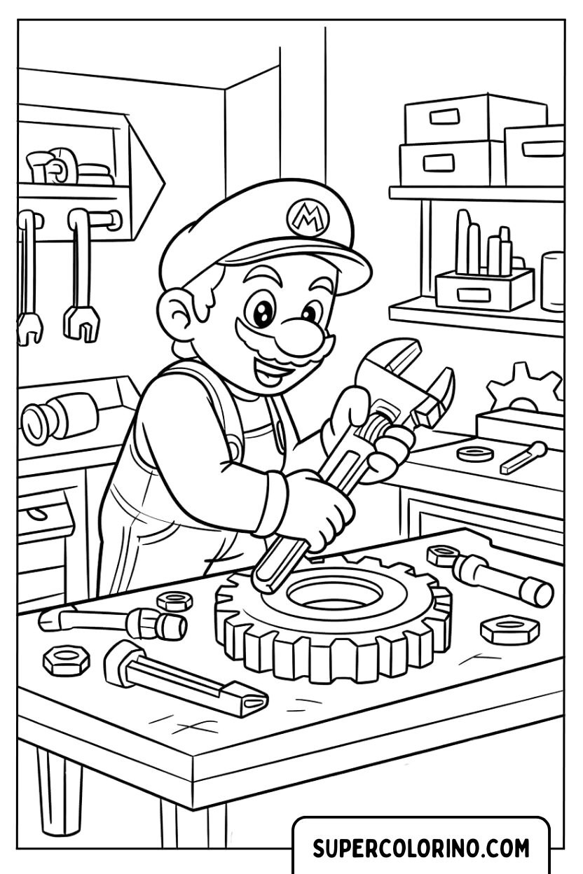 Kleurplaat Mario-monteur in de werkplaats