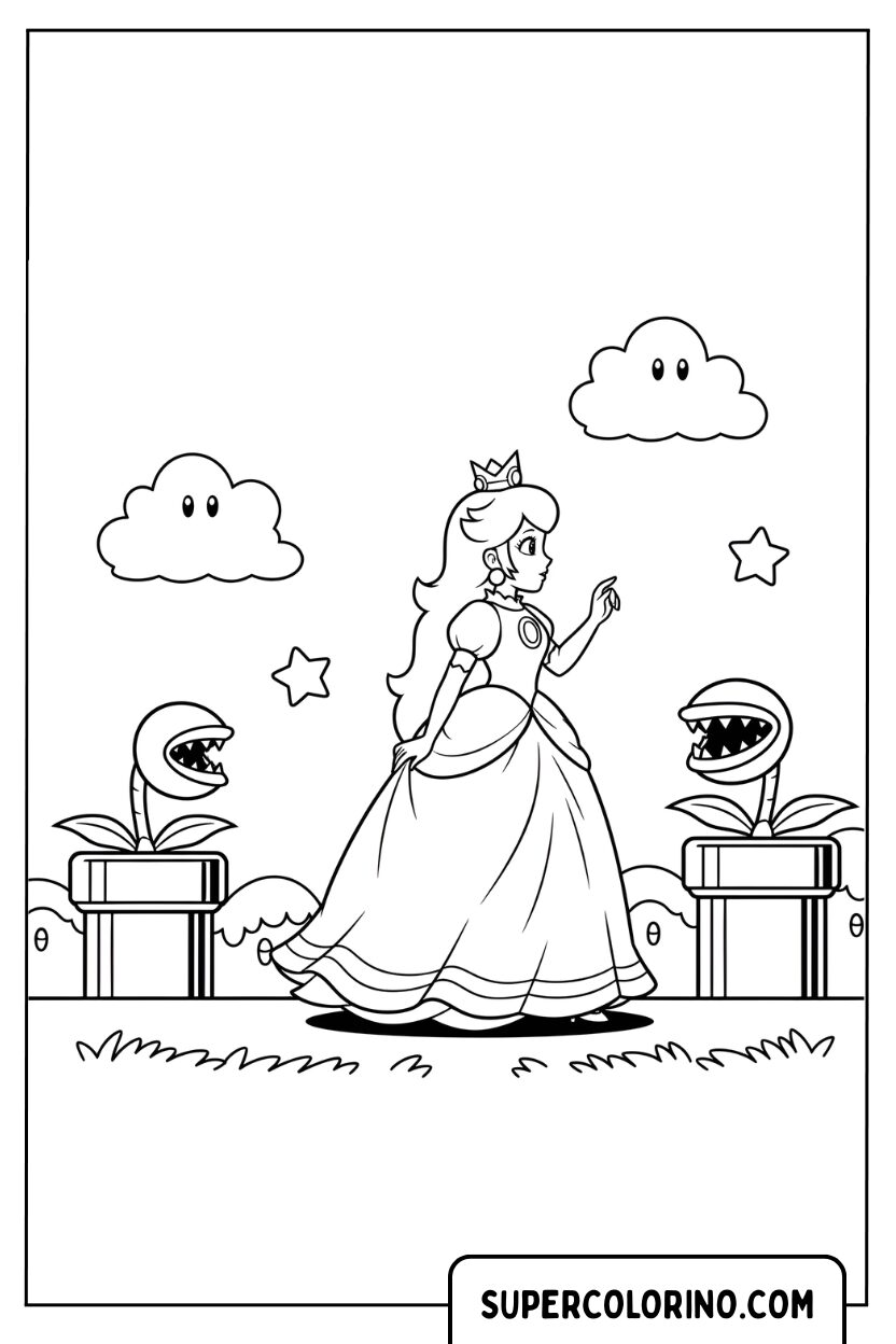Kleurplaat Prinses Peach in het Paddenstoelenrijk
