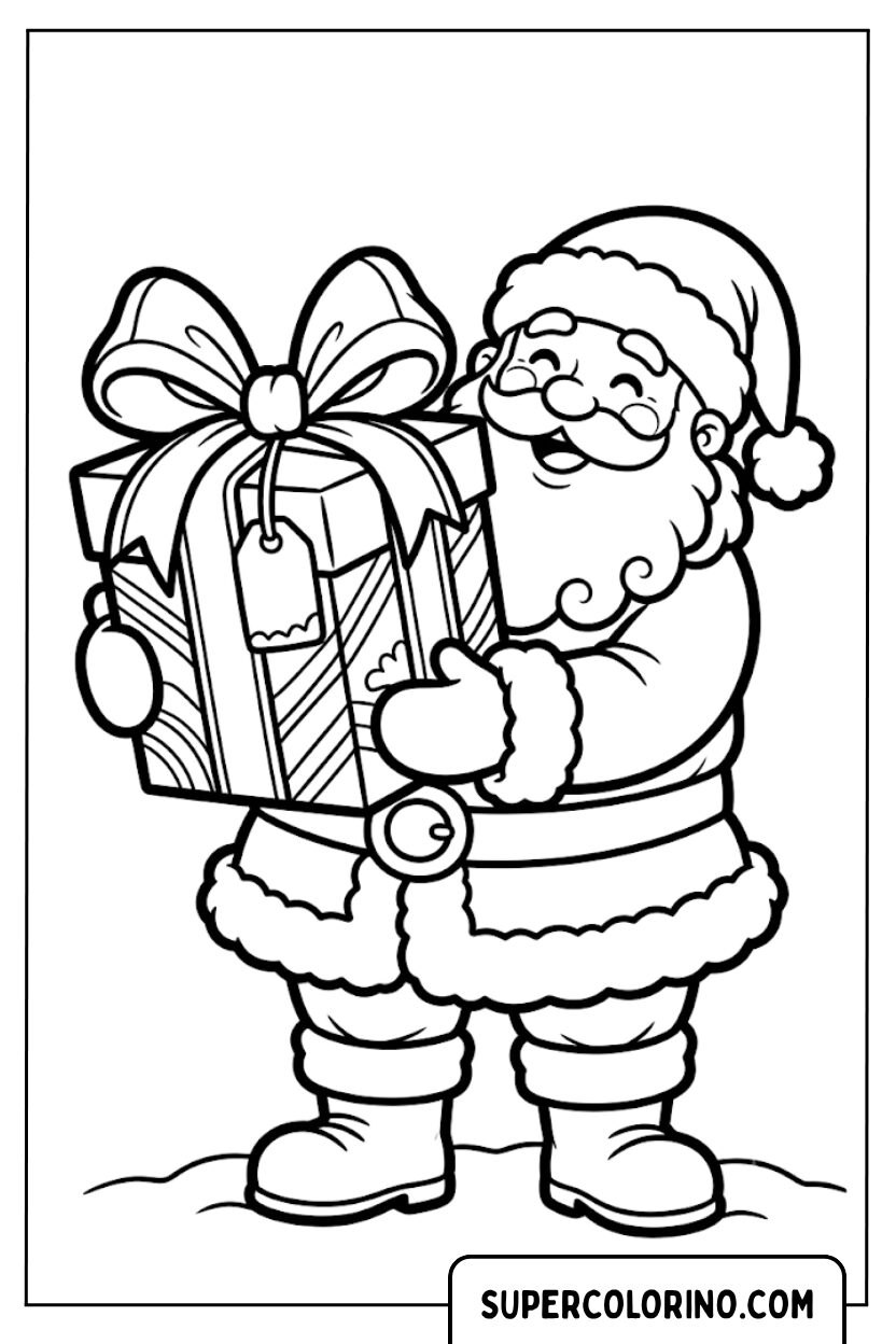Disegno di Babbo Natale con un grande pacco regalo da colorare