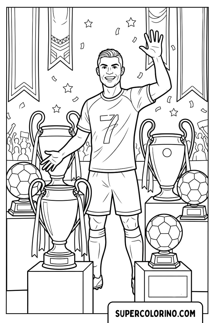 Disegno di Cristiano Ronaldo con i trofei dei campioni da colorare