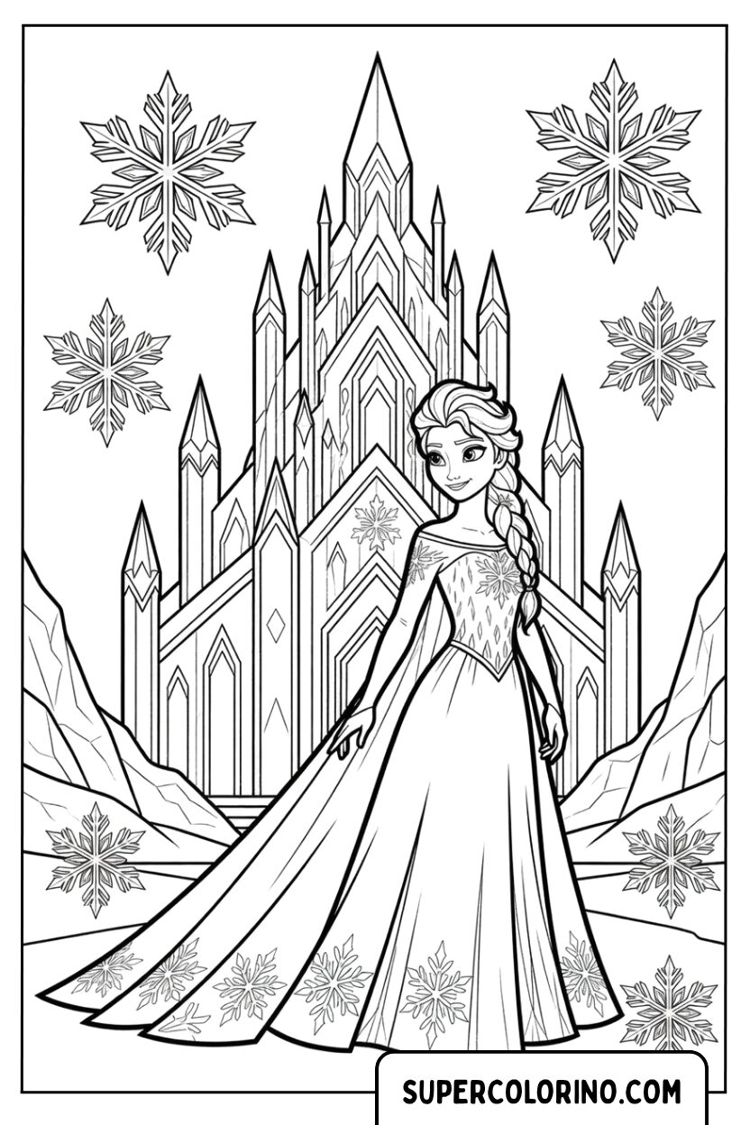 Disegno di Elsa davanti al castello di ghiaccio da colorare