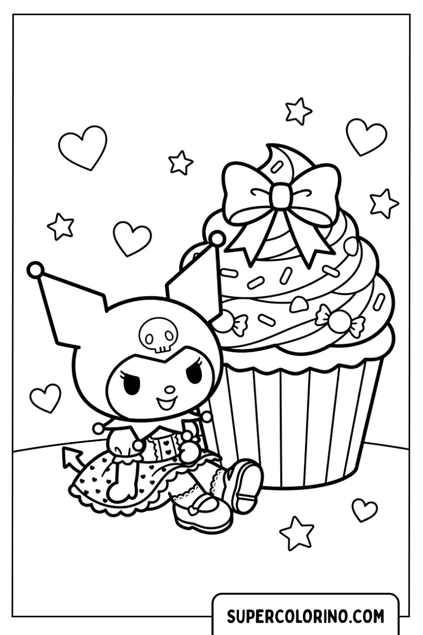 Disegno di Kuromi accanto a un grande cupcake da colorare