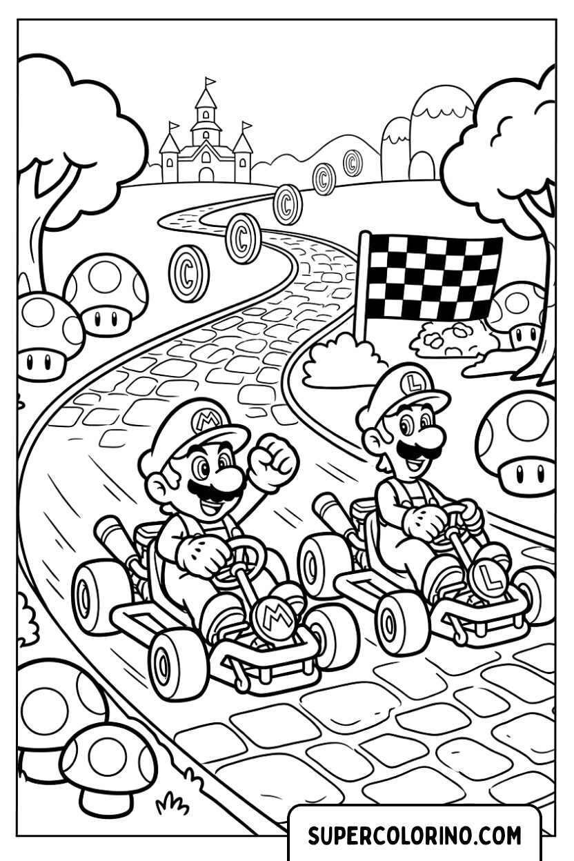 Ausmalbild von Mario und Luigi beim Kart-Rennen