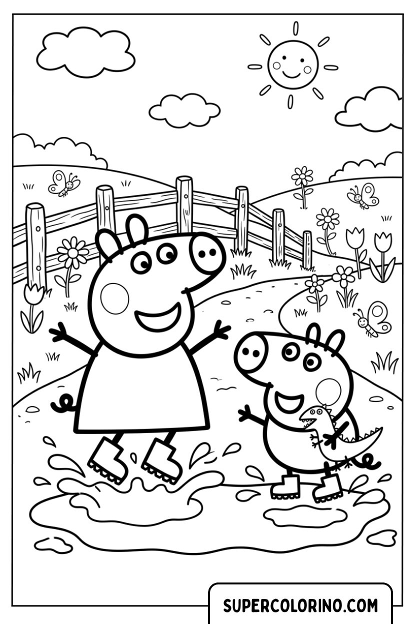 Disegno di Peppa Pig e George che saltano nelle pozzanghere da colorare