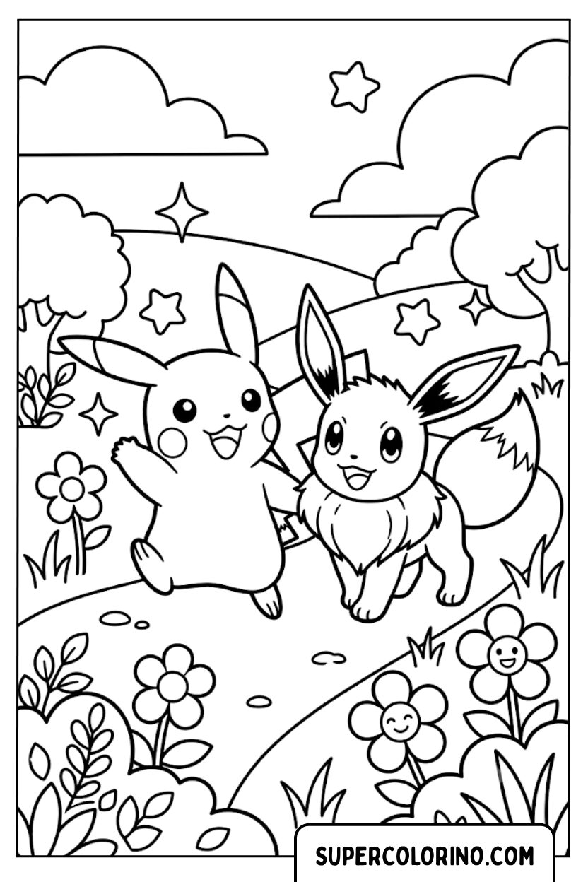 Disegno di Pikachu ed Eevee che camminano insieme da colorare