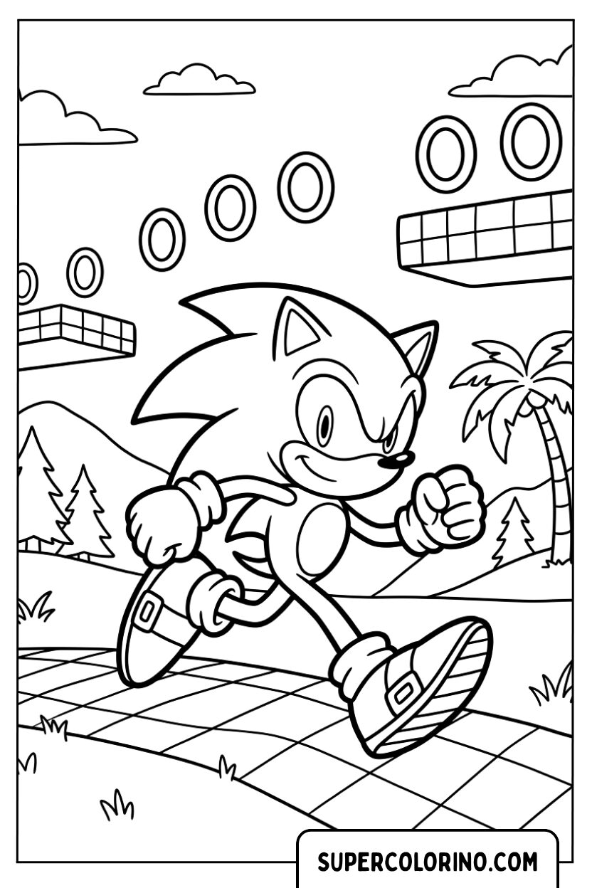 Disegno di Sonic che corre sul percorso classico da colorare