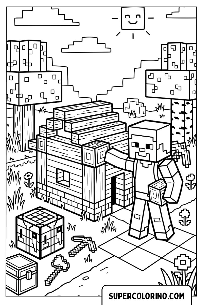 Disegno di Steve che costruisce una casa in Minecraft da colorare