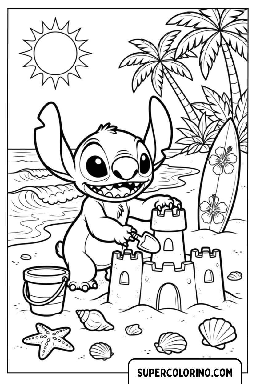 Disegno di Stitch che costruisce un castello di sabbia da colorare