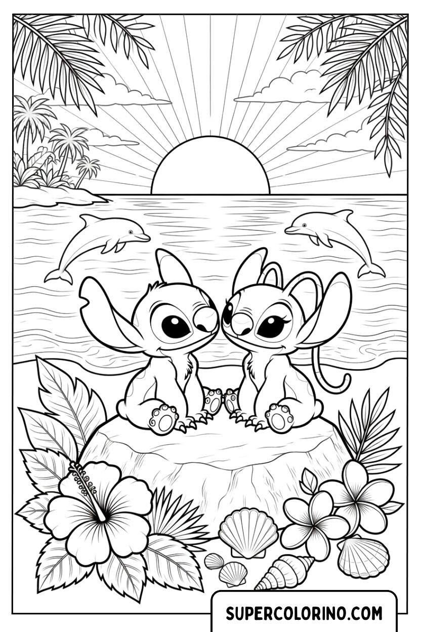 Disegno di Stitch e Angel sulla spiaggia da colorare