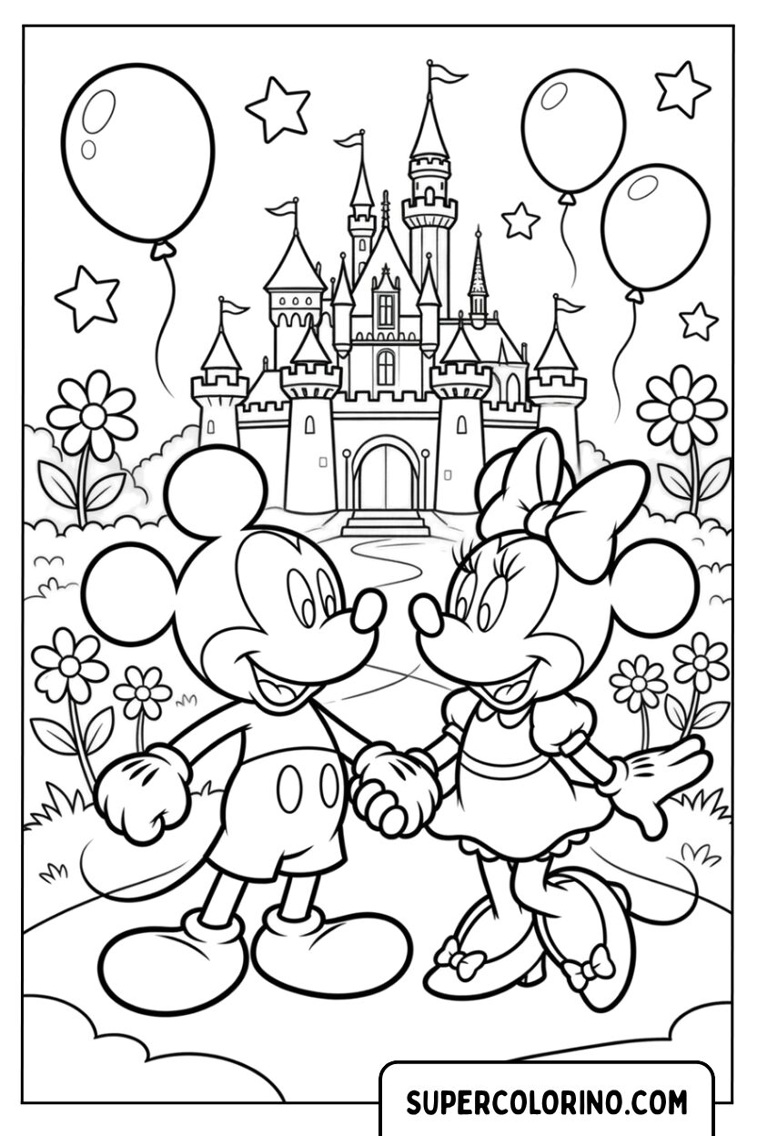Mickey und Minnie Ausmalbild vor dem Schloss