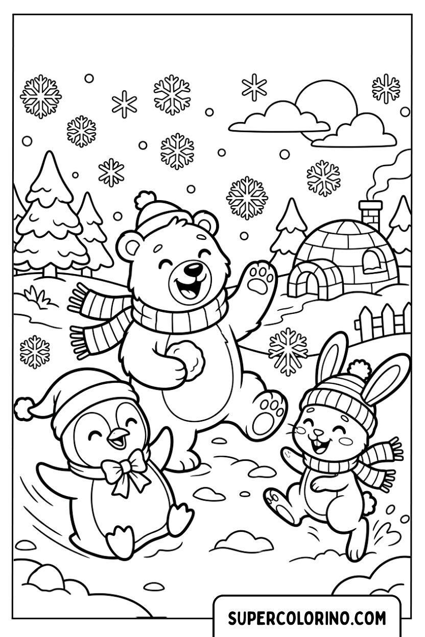 Disegno di animali invernali che giocano sulla neve da colorare