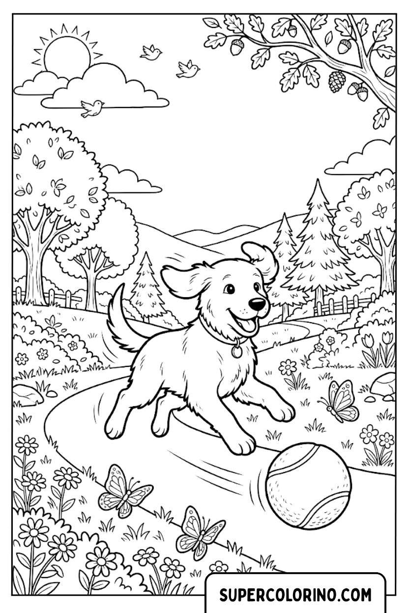 Disegno di un cane felice che corre dietro a una palla da colorare