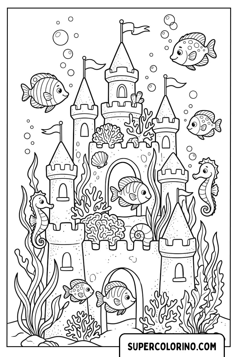 Disegno di un castello sottomarino con pesci da colorare