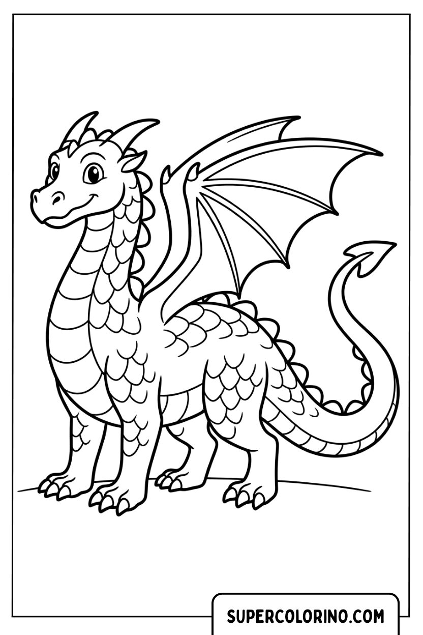 Disegno di un piccolo drago carino con grandi ali da colorare