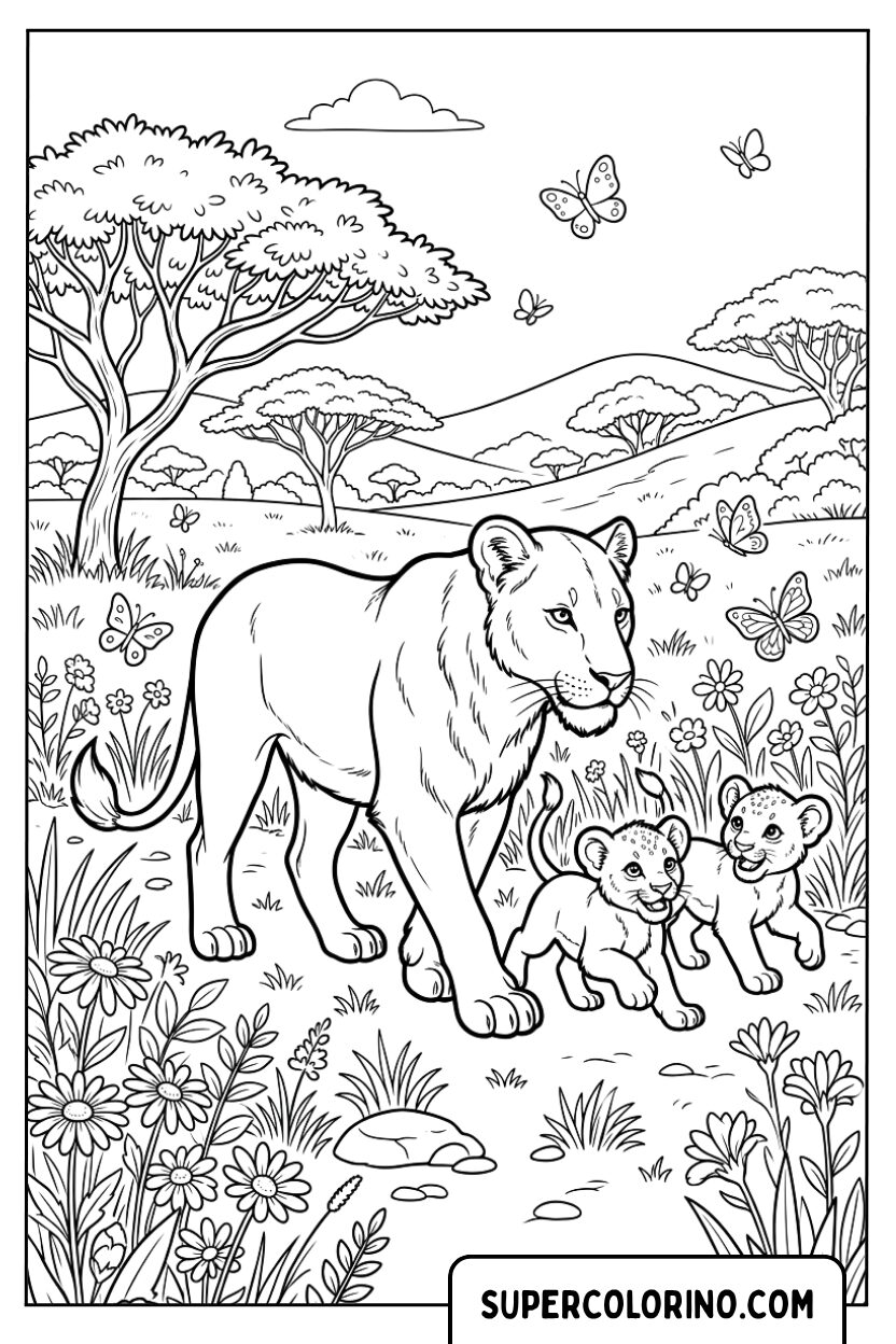 Disegno di una leonessa con i suoi cuccioli da colorare